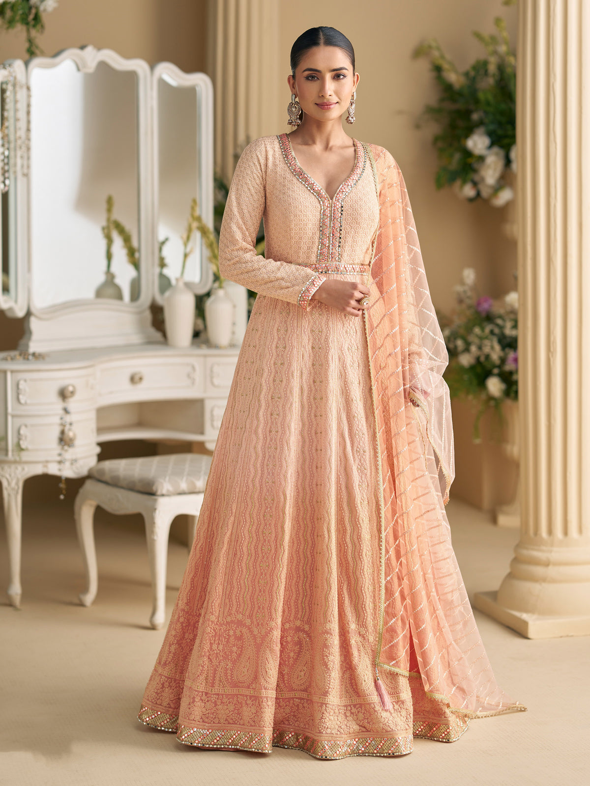 Peach Georgette Embroidered Anarkali Suit (Free Size Stitched)