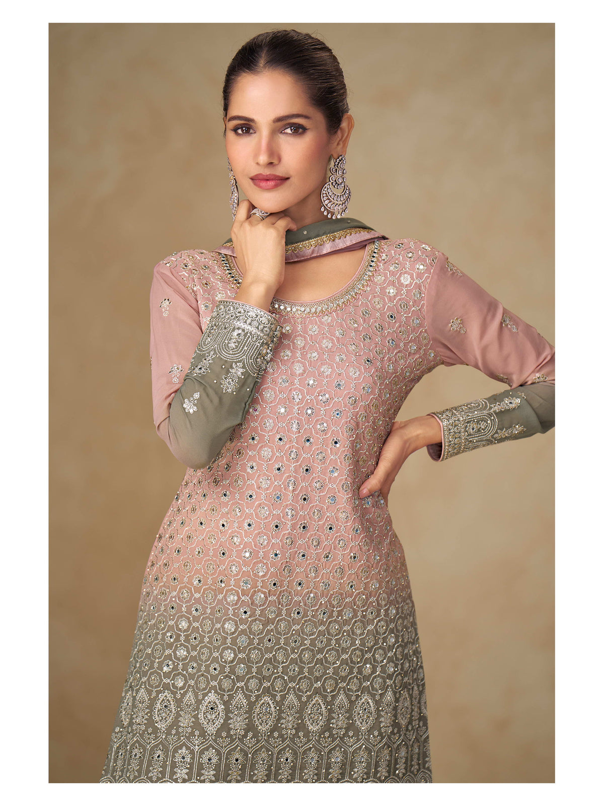 Pink Gray Georgette Embroidered Sharara Suit (Free Size Stitched)
