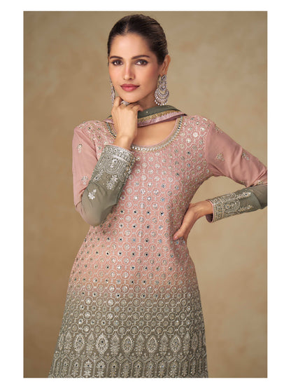 Pink Gray Georgette Embroidered Sharara Suit (Free Size Stitched)