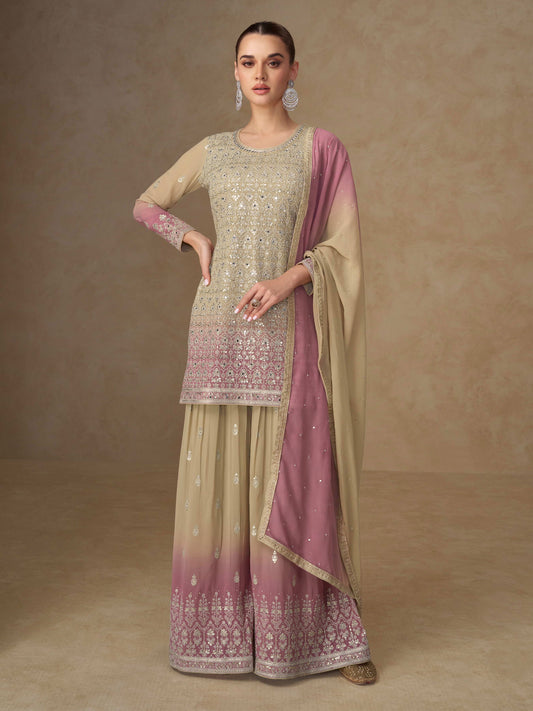 Beige Pink Georgette Embroidered Sharara Suit (Free Size Stitched)