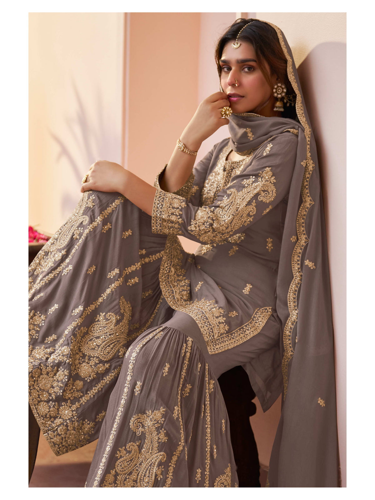 Gray Chinon Embroidered & Hand Work Gharara Suit (Free Size Stitched)