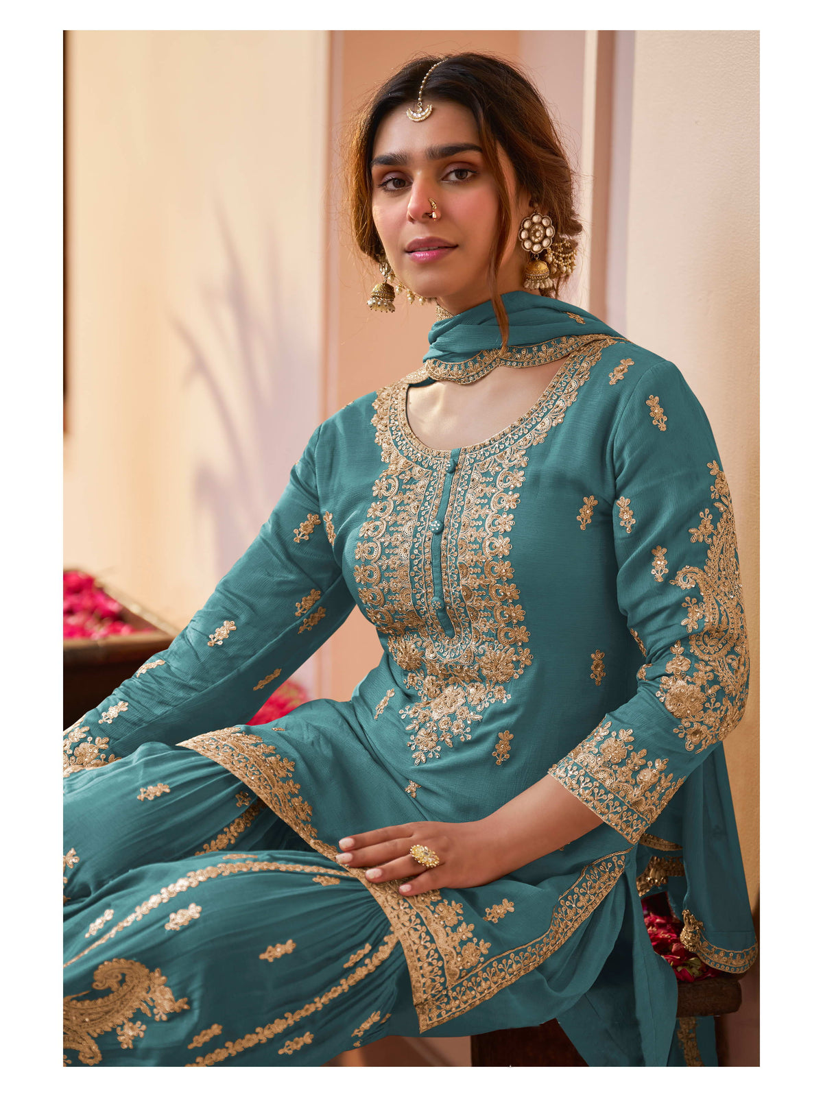Firozi Blue Chinon Embroidered & Hand Work Gharara Suit (Free Size Stitched)