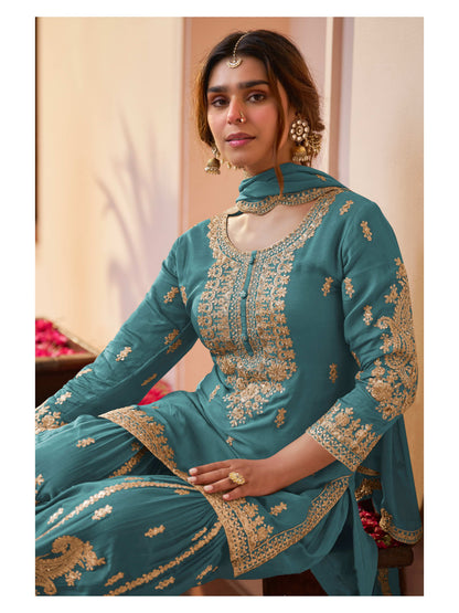 Firozi Blue Chinon Embroidered & Hand Work Gharara Suit (Free Size Stitched)