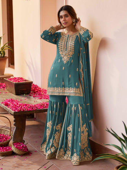 Firozi Blue Chinon Embroidered & Hand Work Gharara Suit (Free Size Stitched)