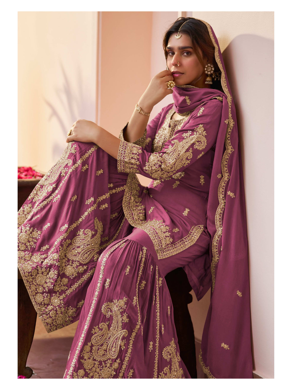 Magenta Chinon Embroidered & Hand Work Gharara Suit (Free Size Stitched)
