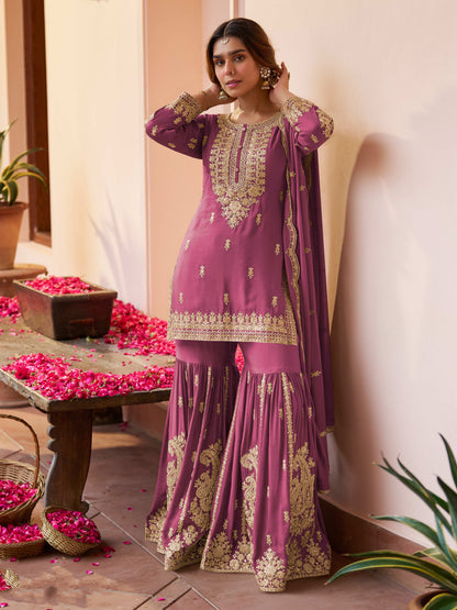 Magenta Chinon Embroidered & Hand Work Gharara Suit (Free Size Stitched)