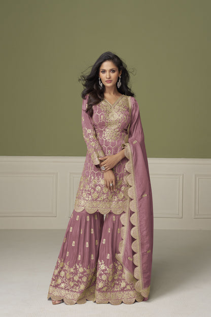 Mauve Shimmer Embroidered & Hand Work Gharara Suit (Free Size Stitched)