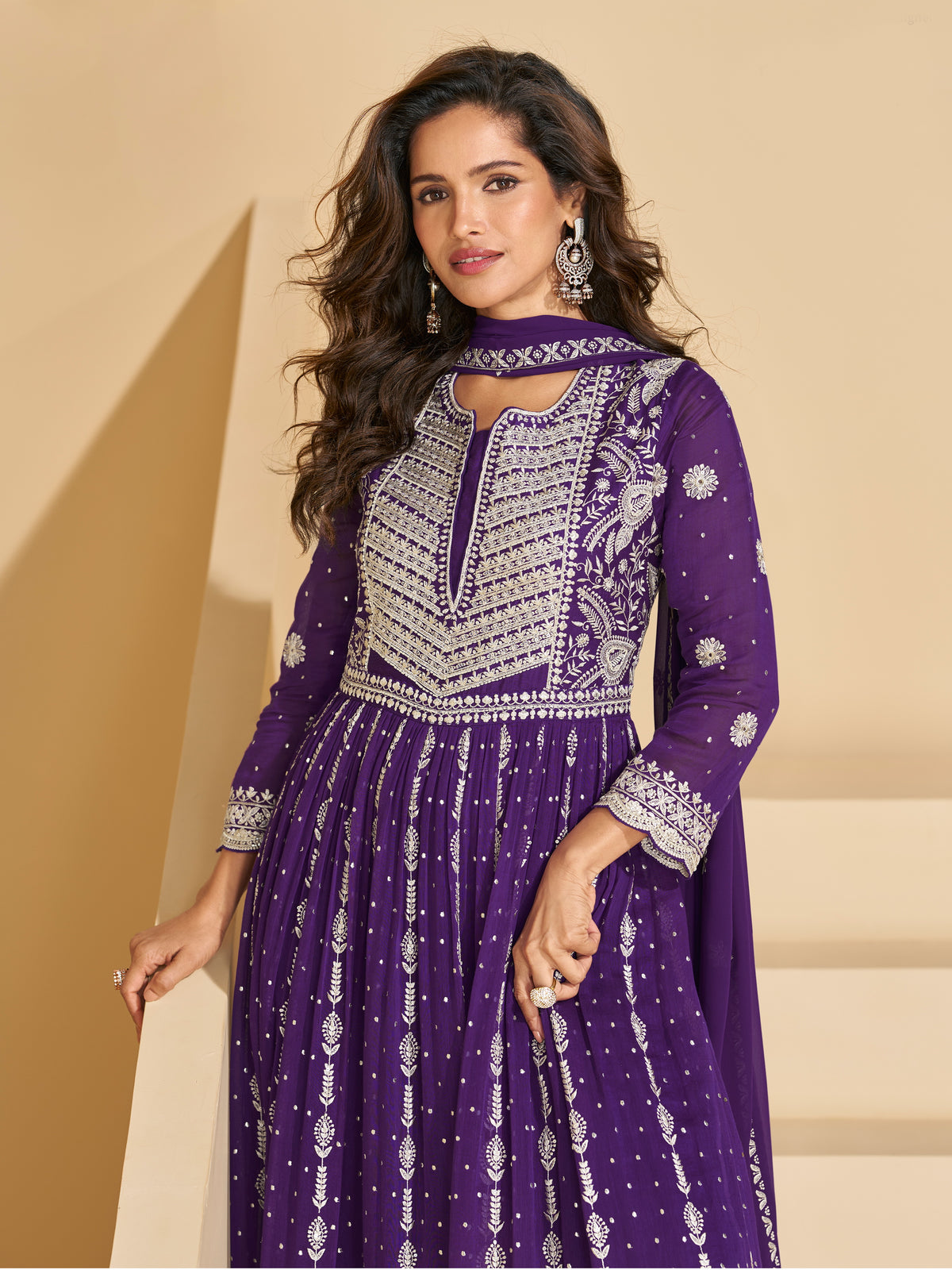 Purple Georgette Embroidered Designer Suit (Free Size Stitched)