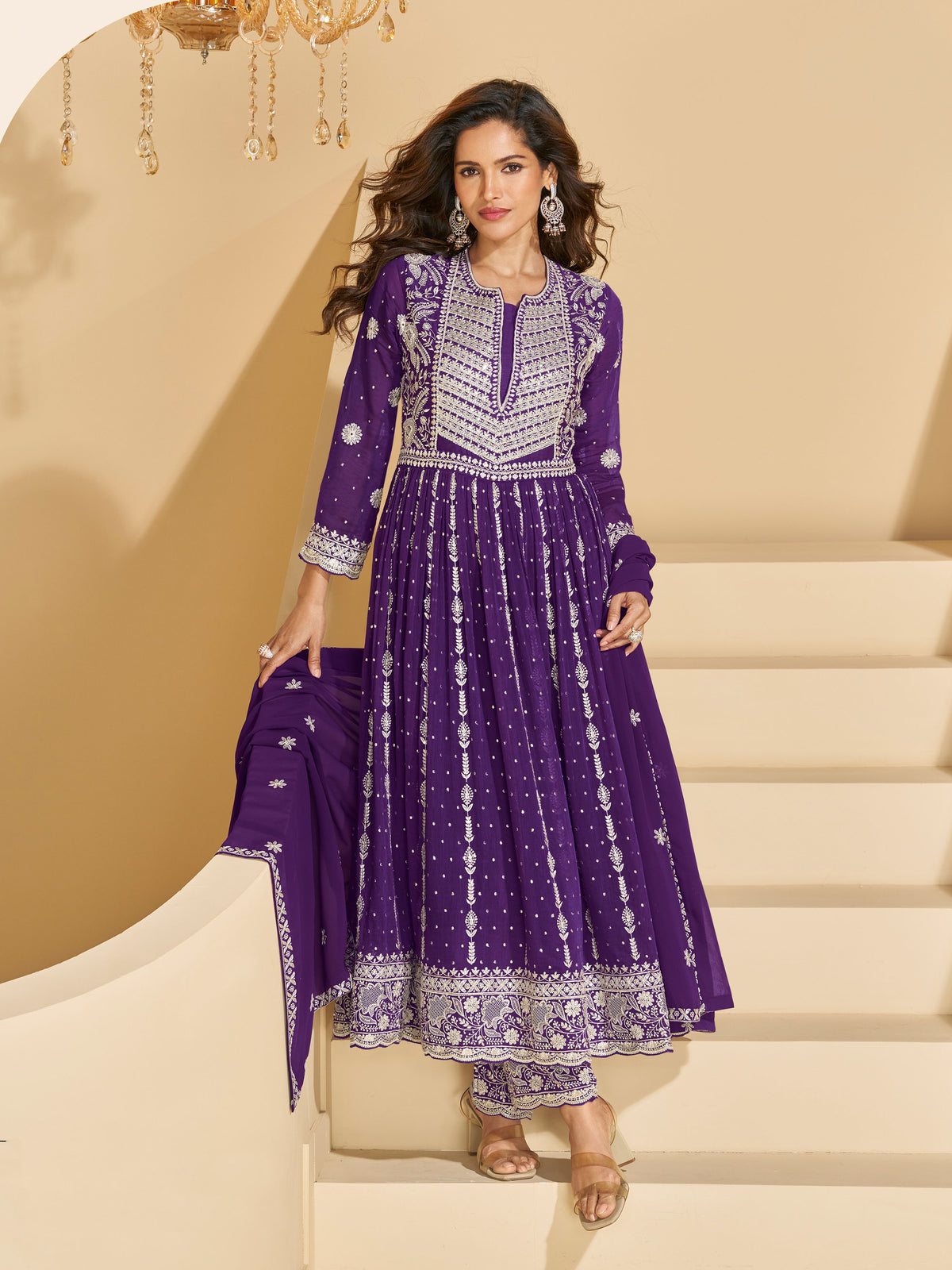Purple Georgette Embroidered Designer Suit (Free Size Stitched)