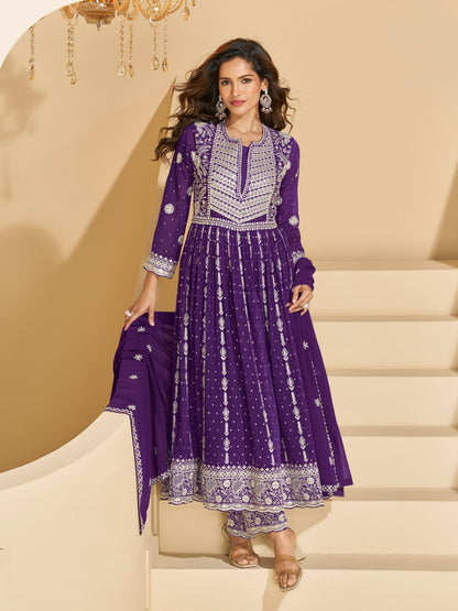 Purple Georgette Embroidered Designer Suit (Free Size Stitched)