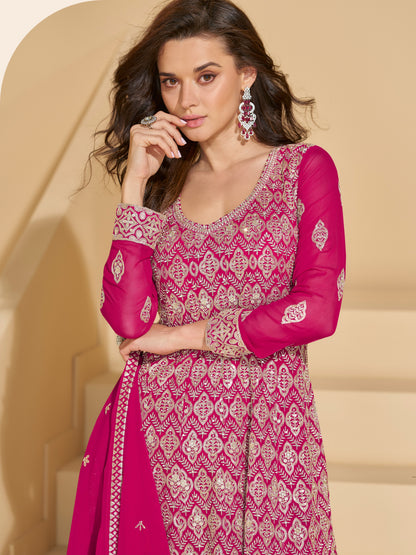 Pink Georgette Embroidered Designer Suit (Free Size Stitched)