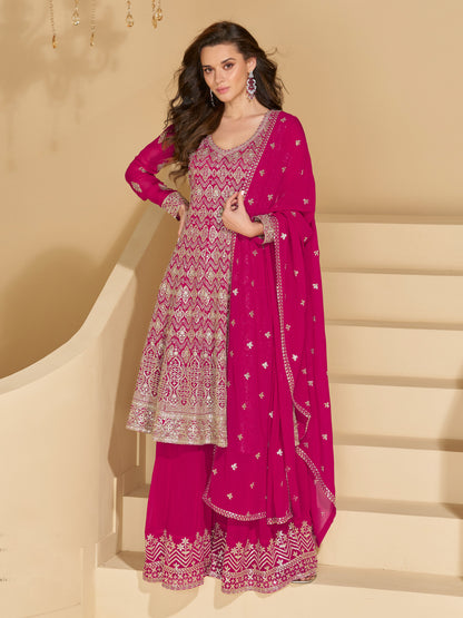 Pink Georgette Embroidered Designer Suit (Free Size Stitched)