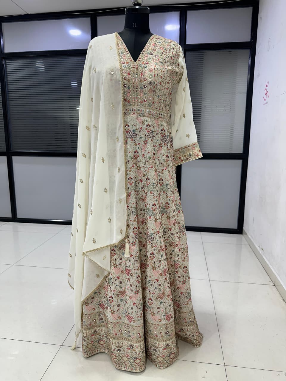 White Georgette Embroidered Anarkali Suit (Free Size Stitched)