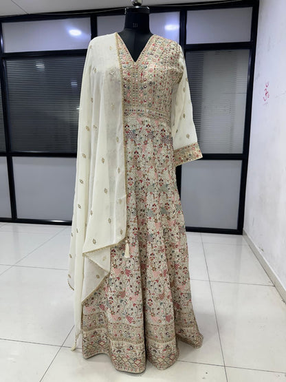 White Georgette Embroidered Anarkali Suit (Free Size Stitched)