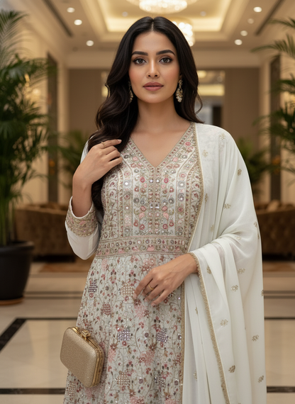 White Georgette Embroidered Anarkali Suit (Free Size Stitched)