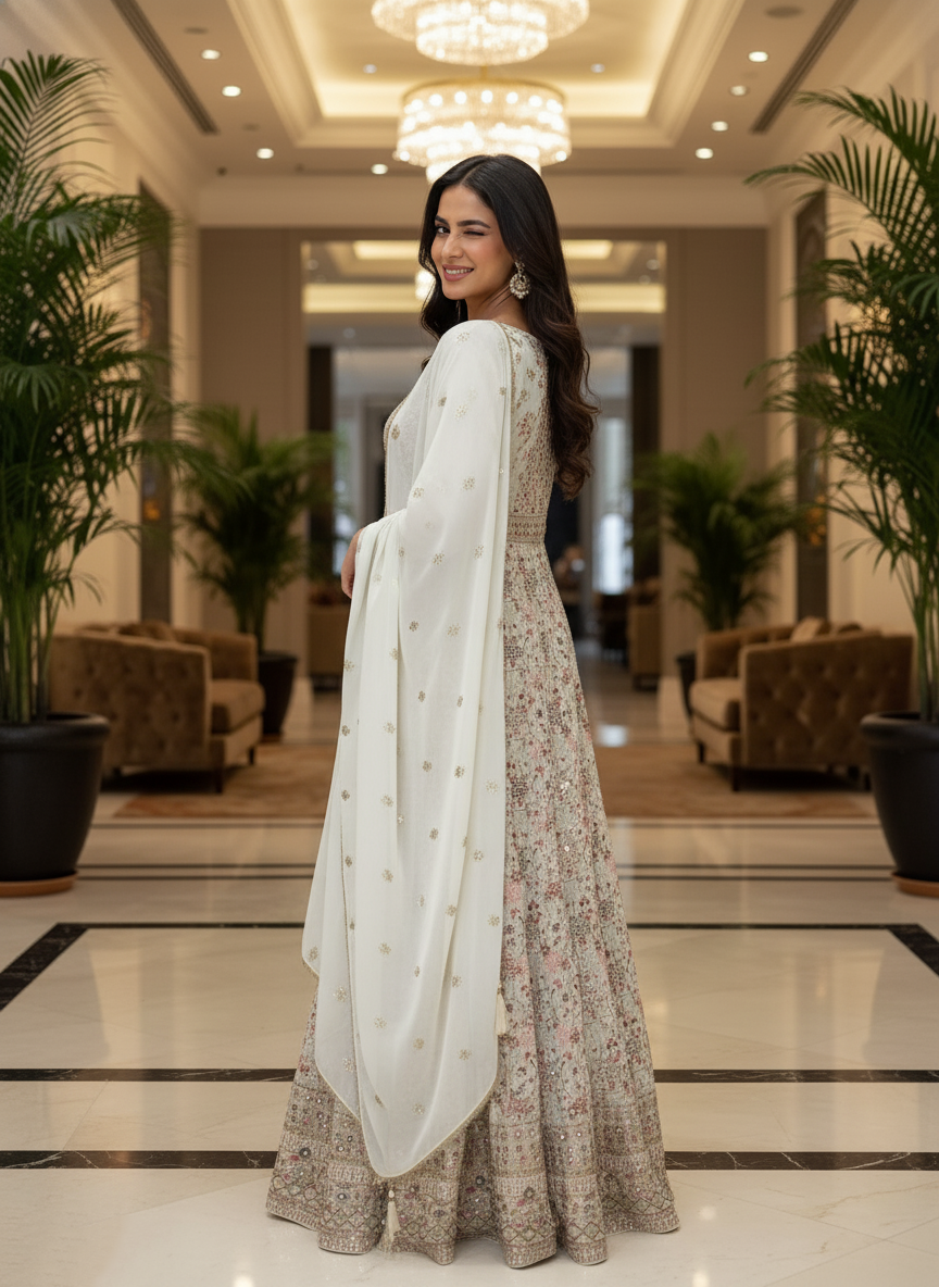 White Georgette Embroidered Anarkali Suit (Free Size Stitched)