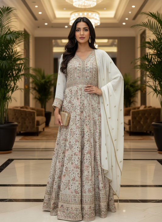 White Georgette Embroidered Anarkali Suit (Free Size Stitched)