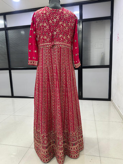 Pink Georgette Embroidered Anarkali Suit (Free Size Stitched)