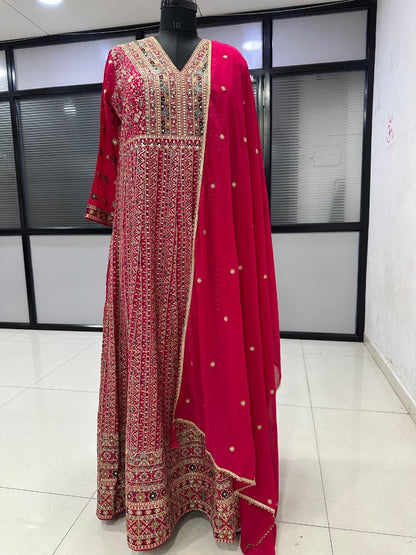 Pink Georgette Embroidered Anarkali Suit (Free Size Stitched)