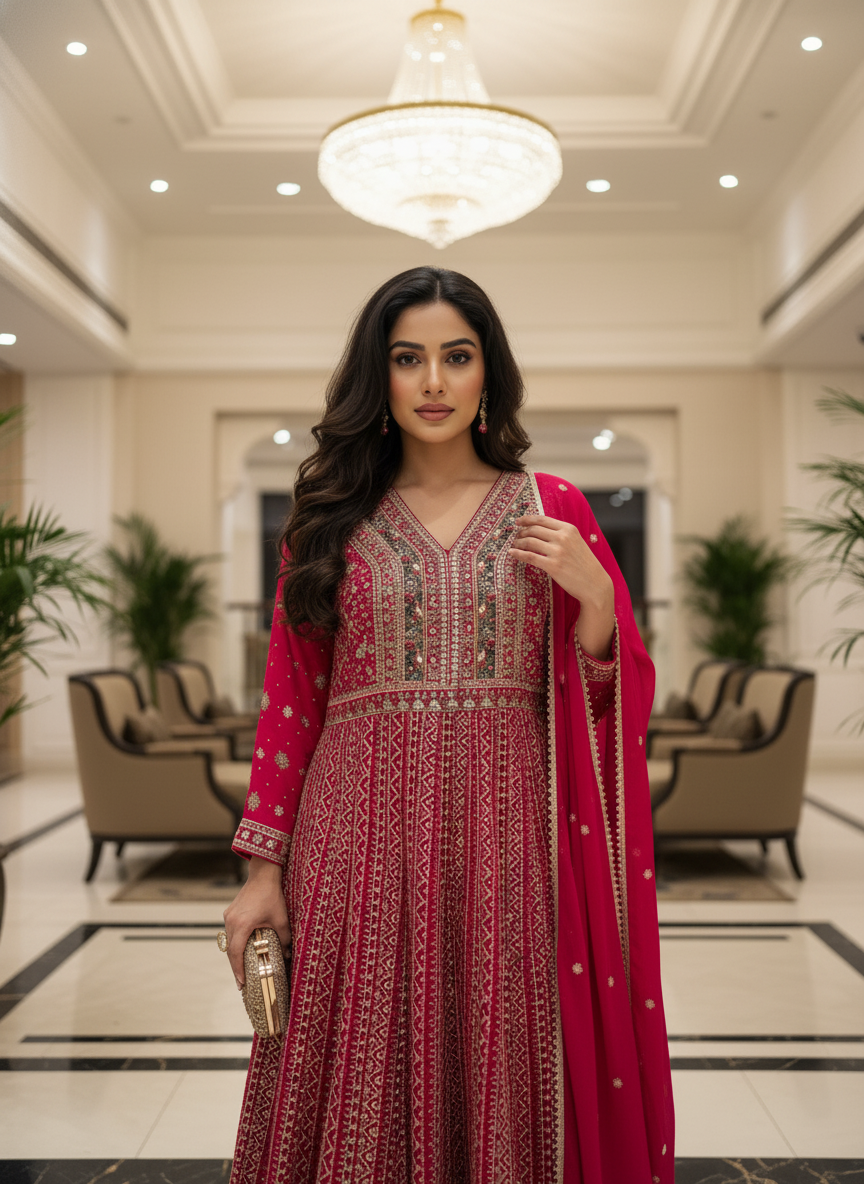 Pink Georgette Embroidered Anarkali Suit (Free Size Stitched)