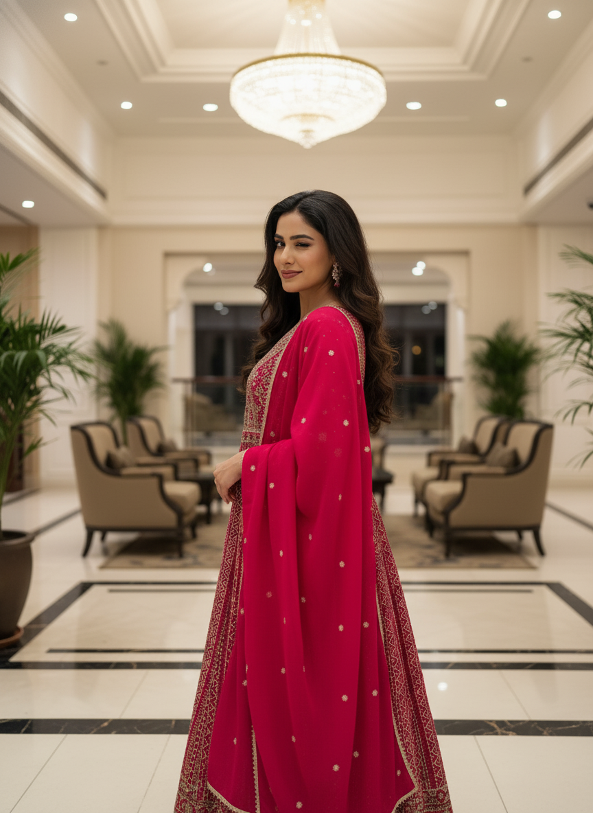 Pink Georgette Embroidered Anarkali Suit (Free Size Stitched)