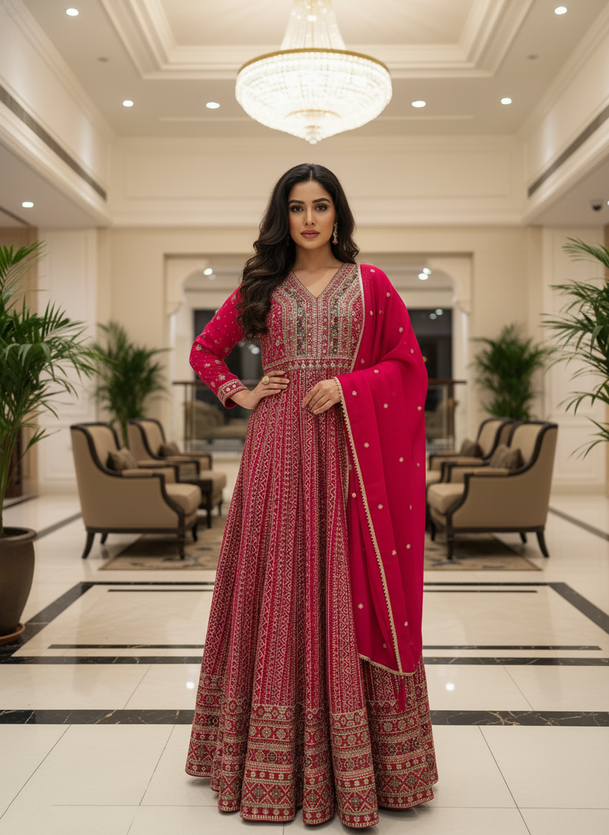 Pink Georgette Embroidered Anarkali Suit (Free Size Stitched)