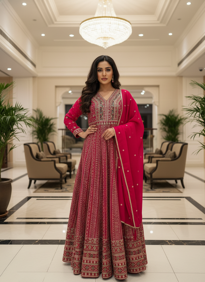 Pink Georgette Embroidered Anarkali Suit (Free Size Stitched)