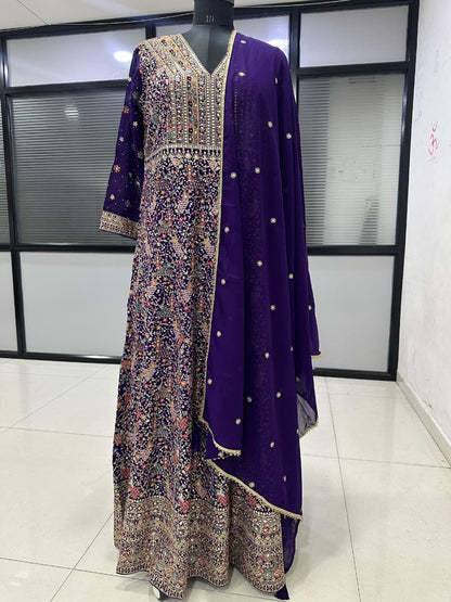 Purple Georgette Embroidered Anarkali Suit (Free Size Stitched)