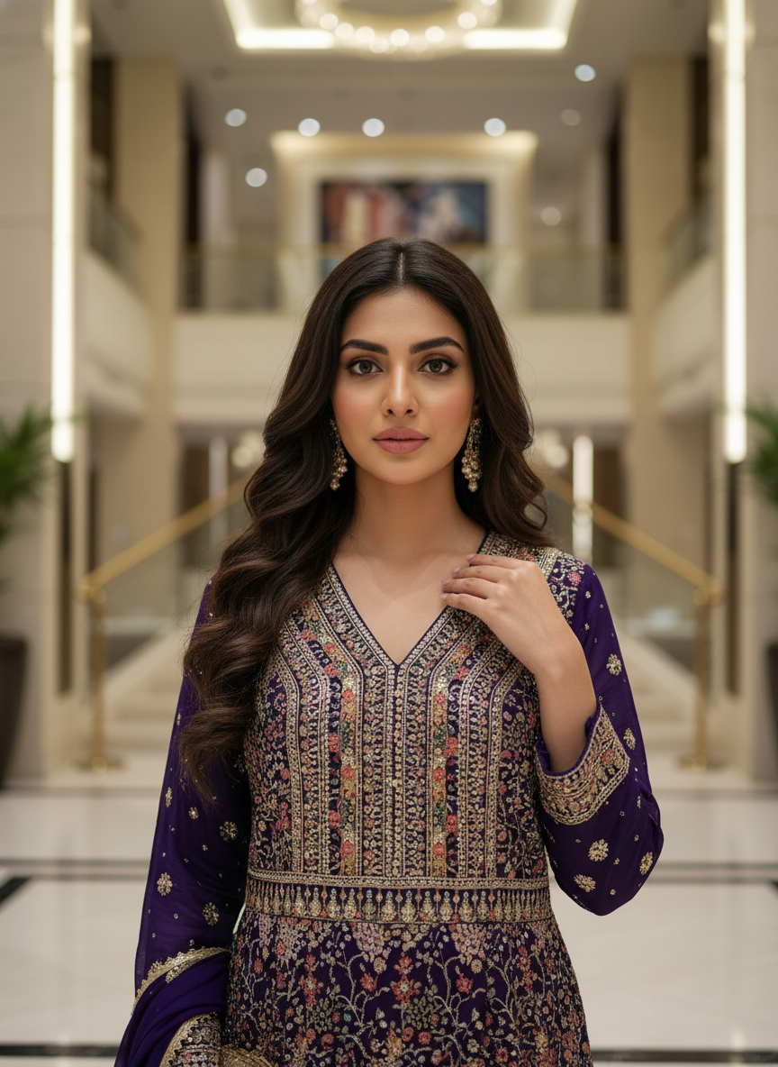 Purple Georgette Embroidered Anarkali Suit (Free Size Stitched)
