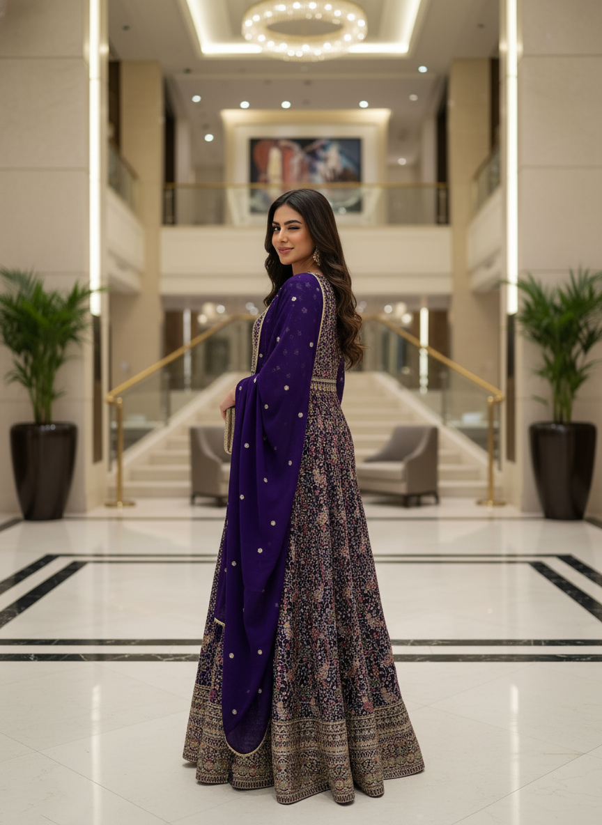 Purple Georgette Embroidered Anarkali Suit (Free Size Stitched)