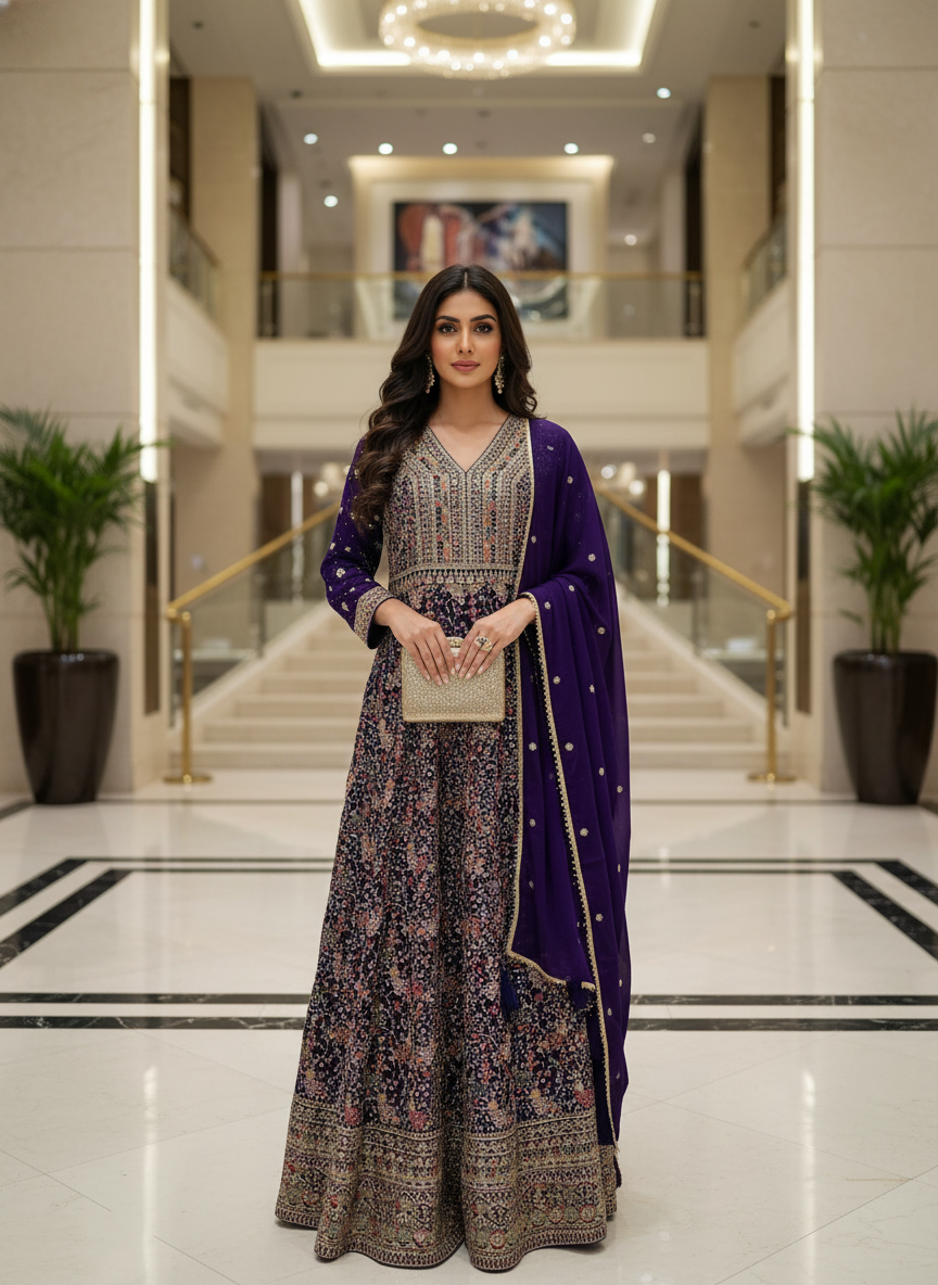 Purple Georgette Embroidered Anarkali Suit (Free Size Stitched)