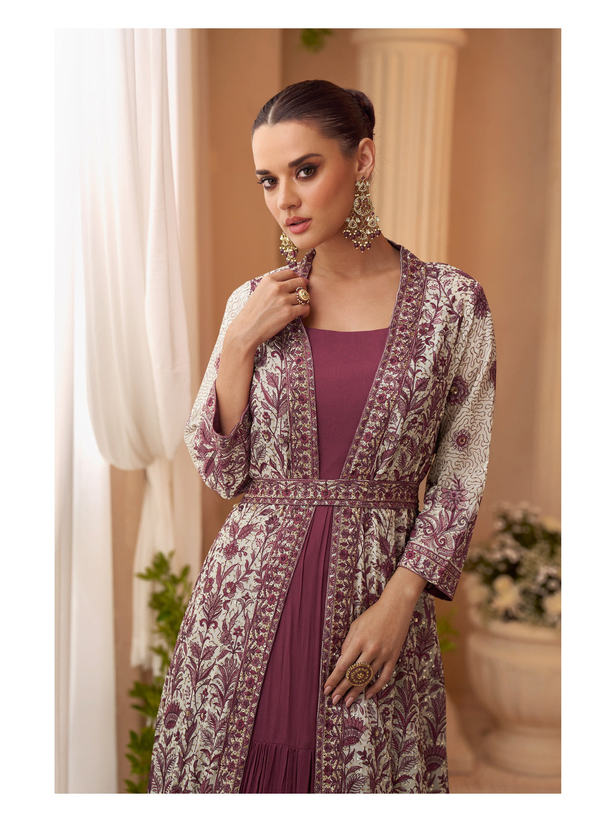 Mauve Chinon Embroidered Designer Suit with Jacket (Free Size Stitched)