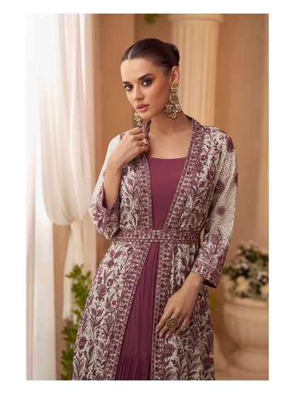 Mauve Chinon Embroidered Designer Suit with Jacket (Free Size Stitched)