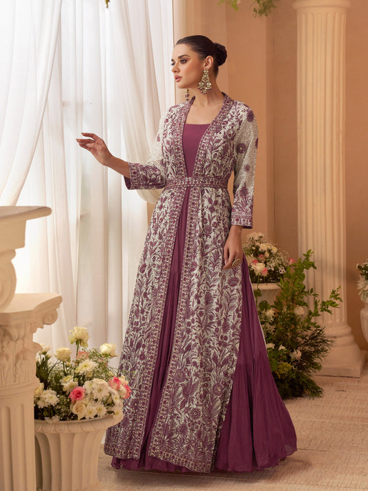 Mauve Chinon Embroidered Designer Suit with Jacket (Free Size Stitched)