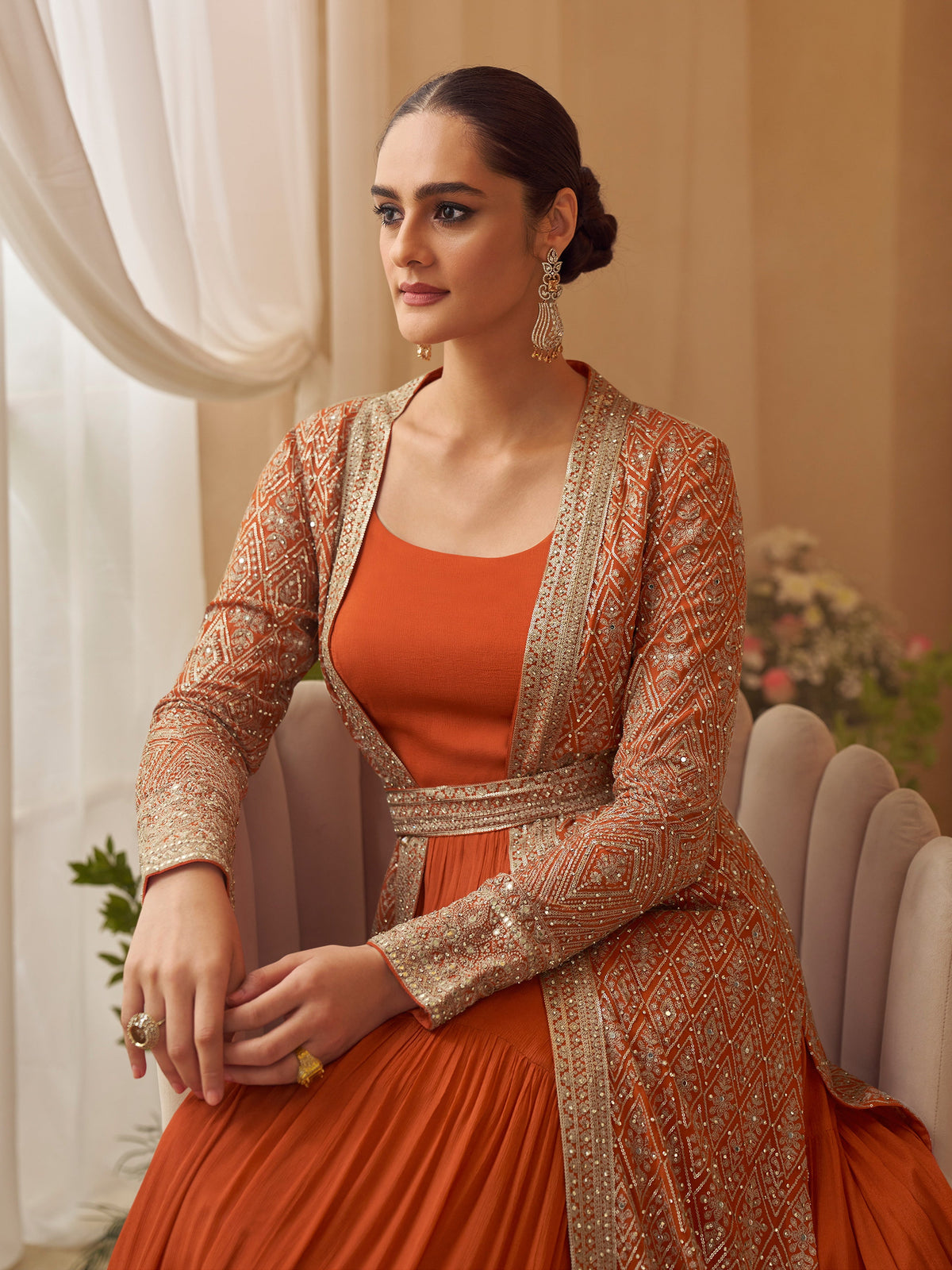 Orange Chinon Embroidered Designer Suit with Jacket (Free Size Stitched)