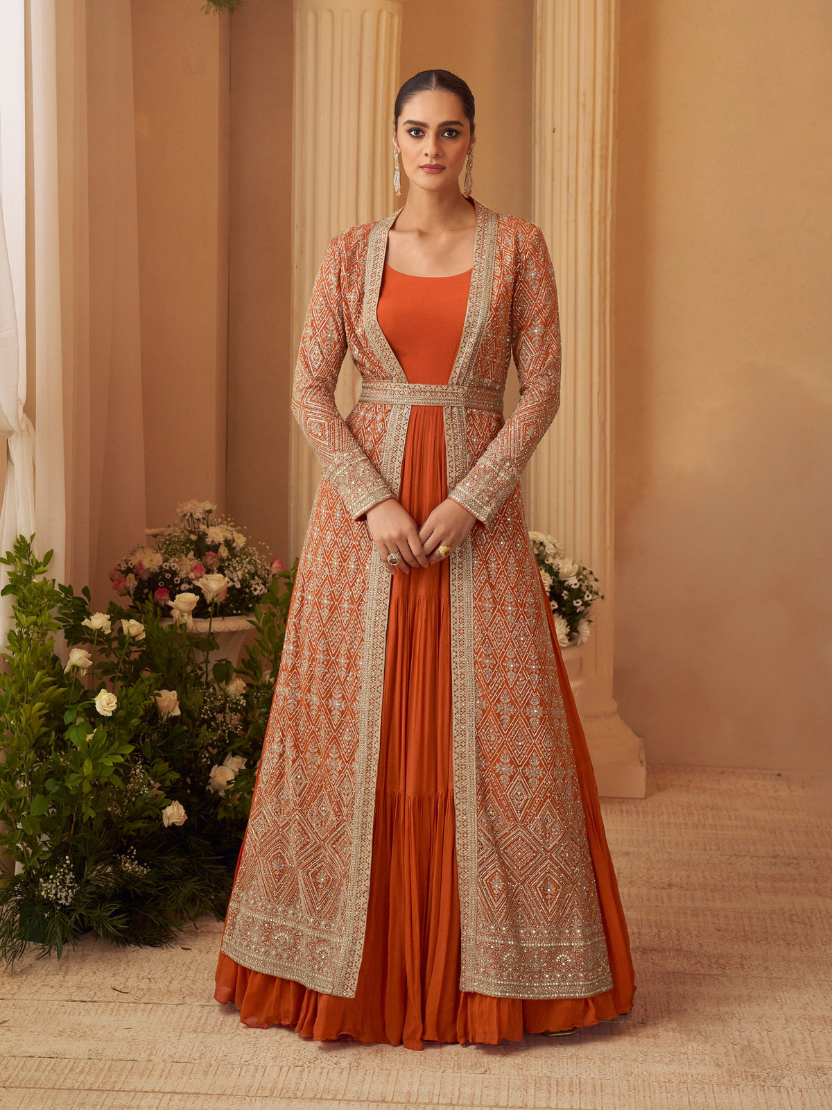 Orange Chinon Embroidered Designer Suit with Jacket (Free Size Stitched)