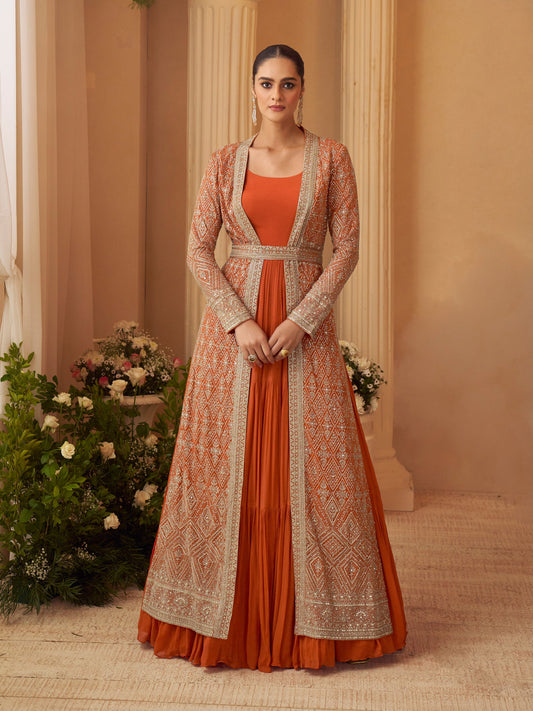 Orange Chinon Embroidered Designer Suit with Jacket (Free Size Stitched)
