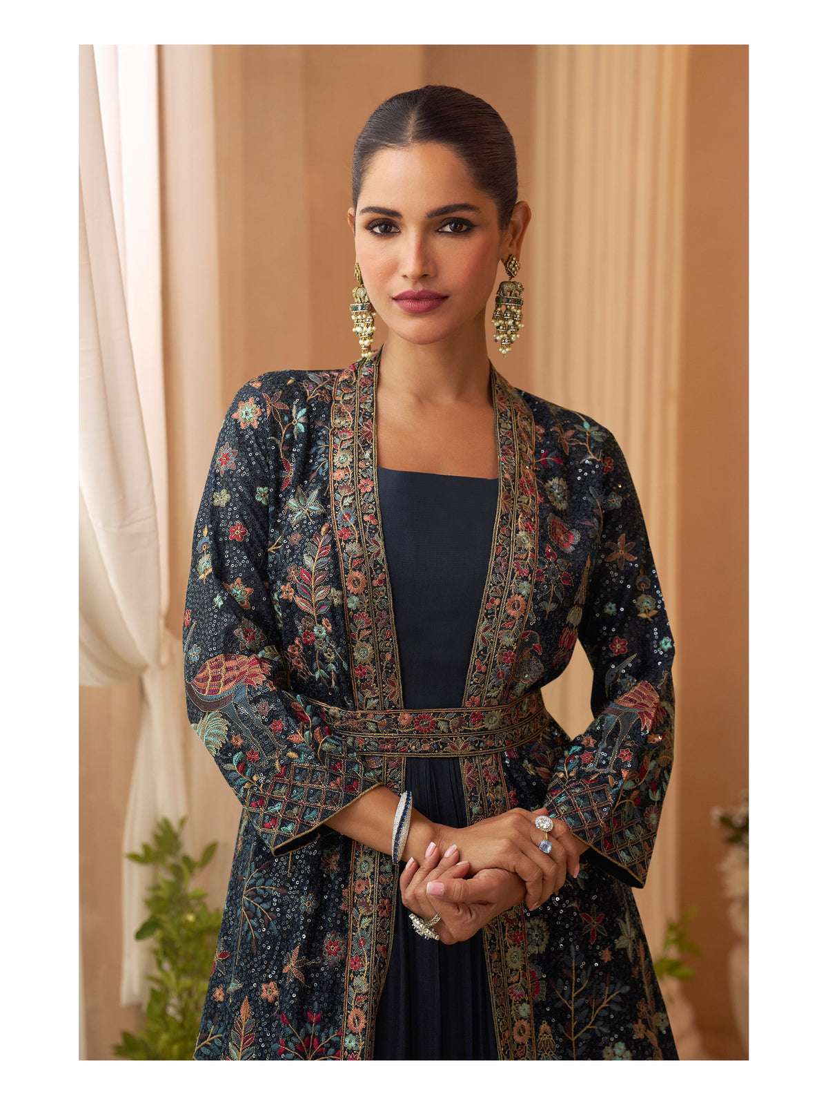 Navy Blue Chinon Embroidered Designer Suit with Jacket (Free Size Stitched)