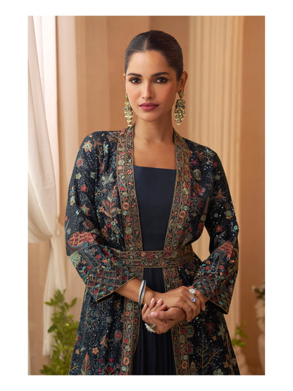 Navy Blue Chinon Embroidered Designer Suit with Jacket (Free Size Stitched)