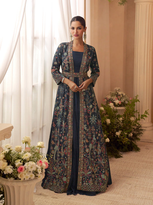 Navy Blue Chinon Embroidered Designer Suit with Jacket (Free Size Stitched)