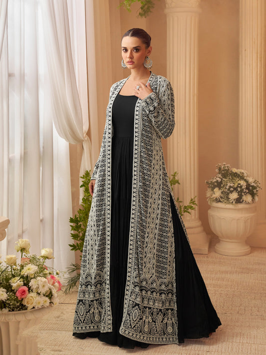 Black Chinon Embroidered Designer Suit with Jacket (Free Size Stitched)