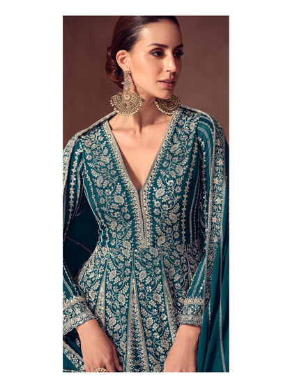 Teal Chinon Embroidered Anarkali Suit (Free Size Stitched)