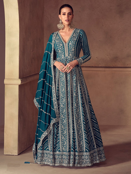 Teal Chinon Embroidered Anarkali Suit (Free Size Stitched)
