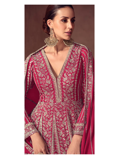 Pink Chinon Embroidered Anarkali Suit (Free Size Stitched)