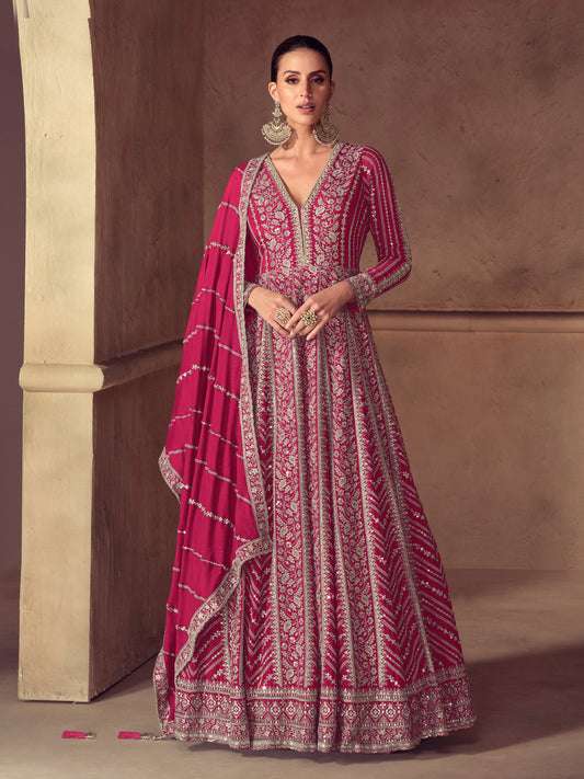 Pink Chinon Embroidered Anarkali Suit (Free Size Stitched)
