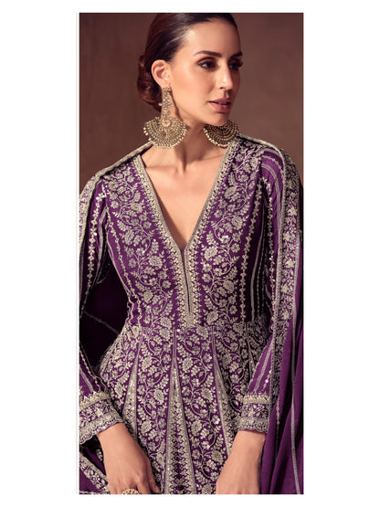 Purple Chinon Embroidered Anarkali Suit (Free Size Stitched)