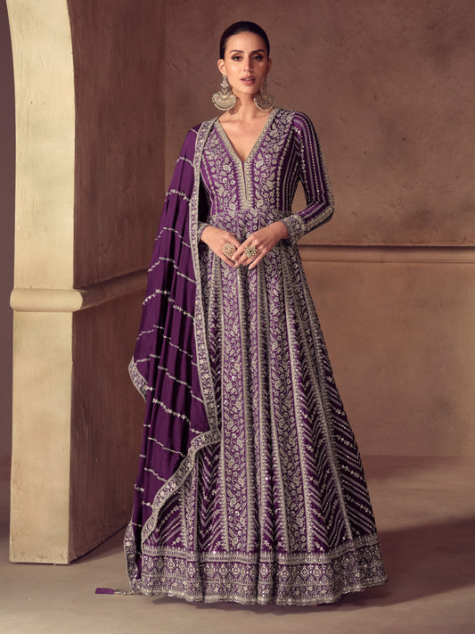 Purple Chinon Embroidered Anarkali Suit (Free Size Stitched)