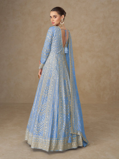 Blue Chinon Embroidered Anarkali Suit (Free Size Stitched)