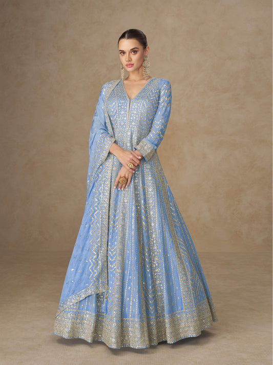 Blue Chinon Embroidered Anarkali Suit (Free Size Stitched)