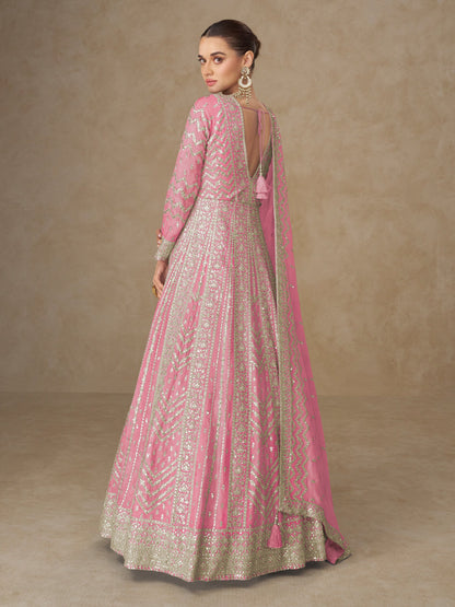Pink Chinon Embroidered Anarkali Suit (Free Size Stitched)
